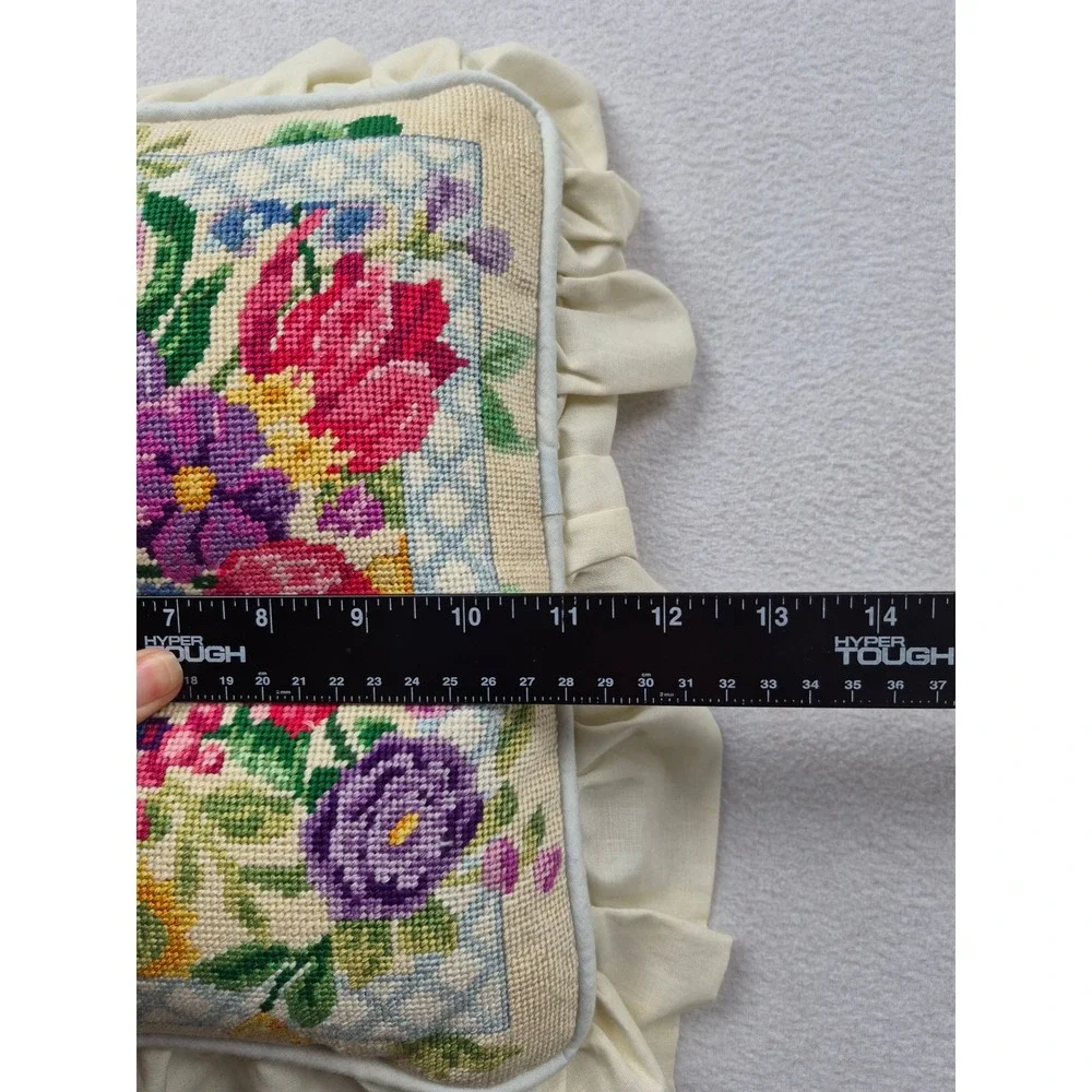 Vintage Floral Needlepoint Throw Pillow Cream Ruffled Edge Cottagecore 11x11